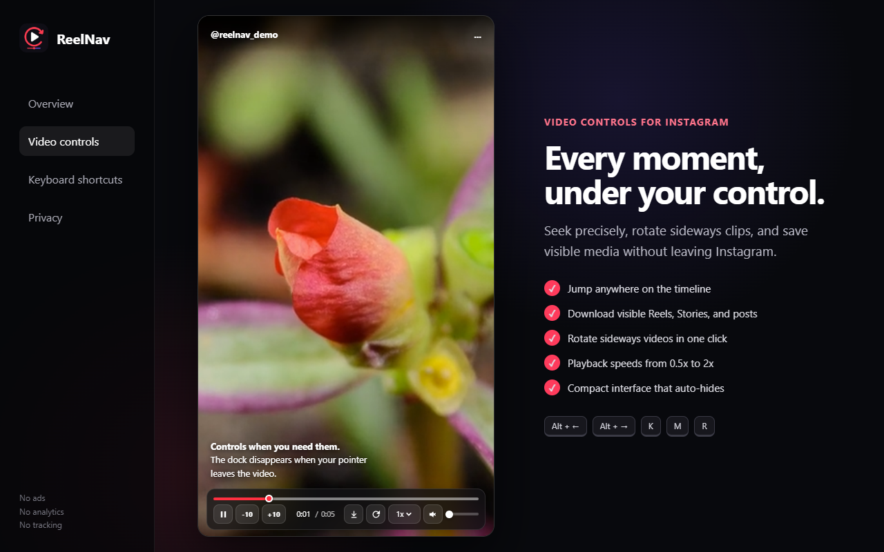 ReelNav playback controls displayed inside an Instagram Reel