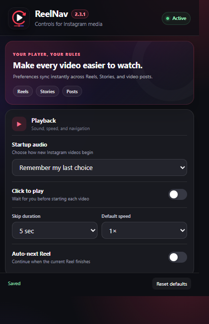 Latest ReelNav settings interface