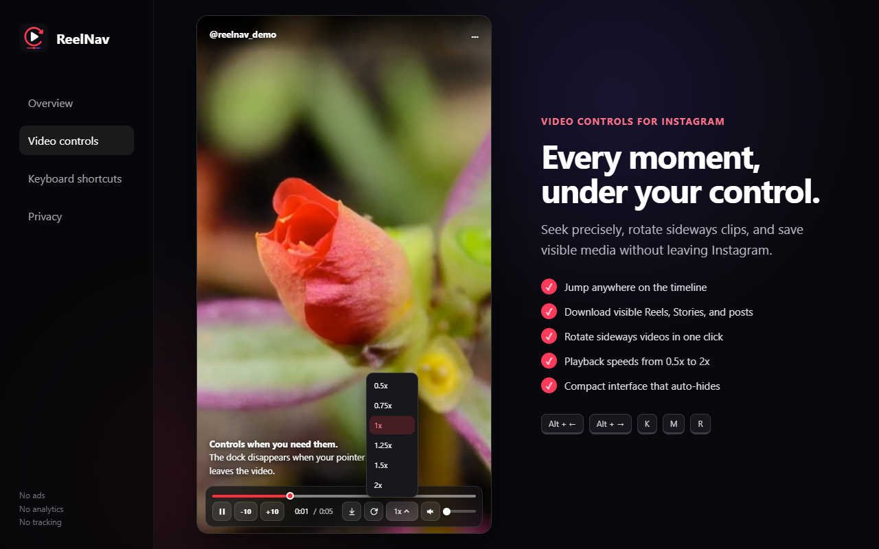 ReelNav playback speed menu on an Instagram video