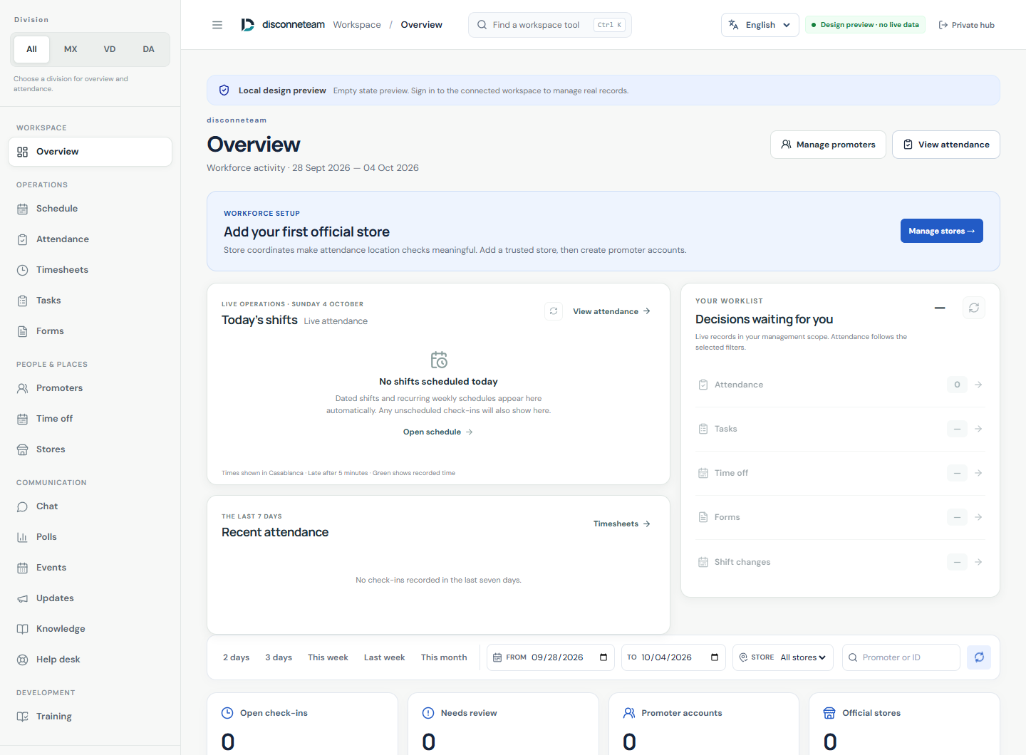 Latest disconneteam manager interface in design-preview mode